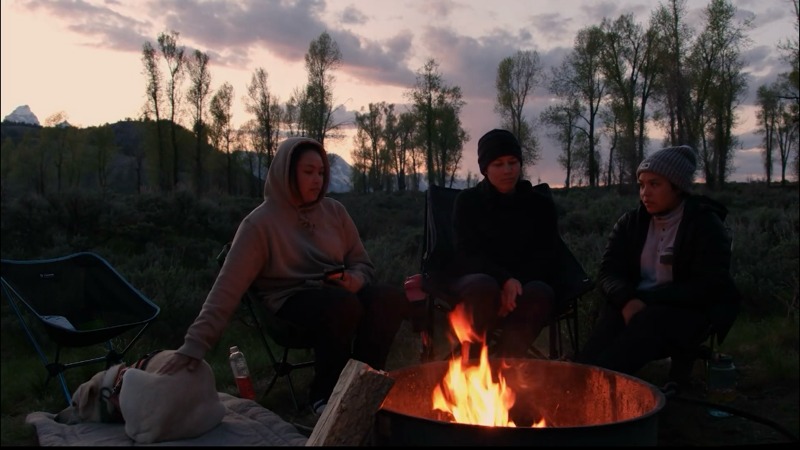 Three girls and a dog sitting around a campfire at dusk.